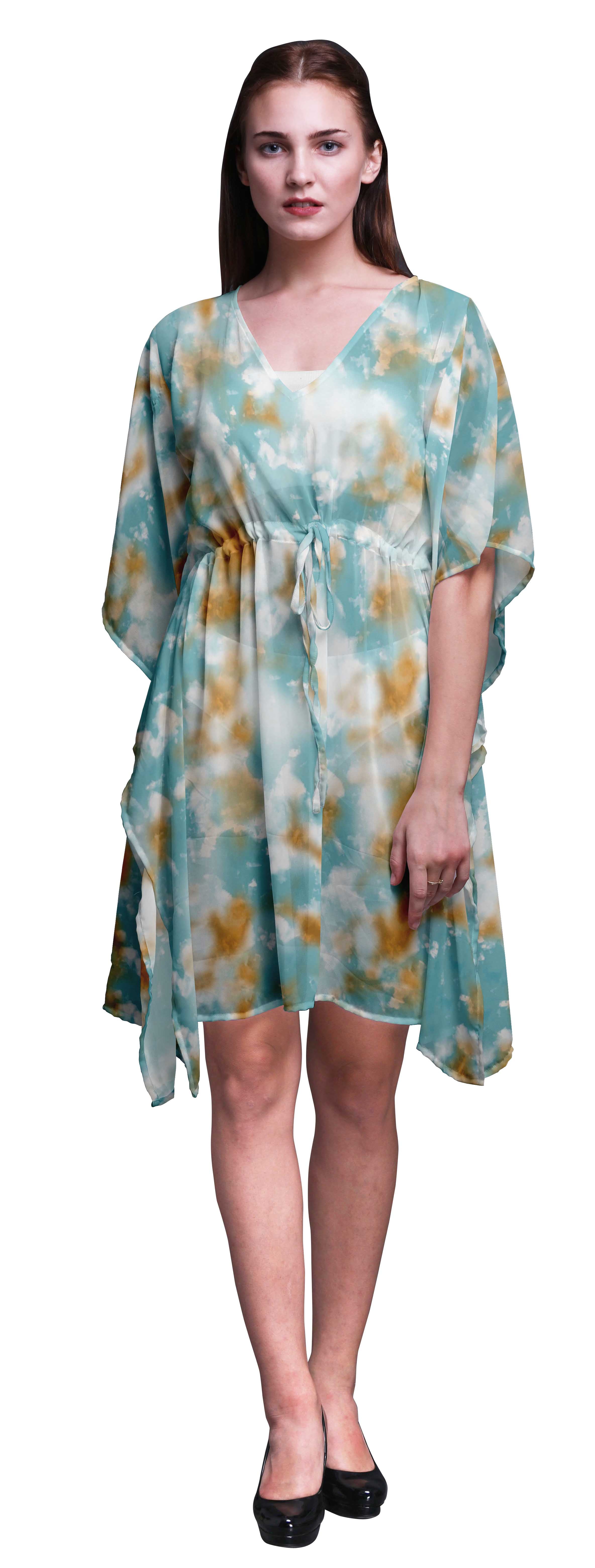 Bimba Light Blue2 Tie-Dye Crumple Short Caftan Midi Dress Beach ...
