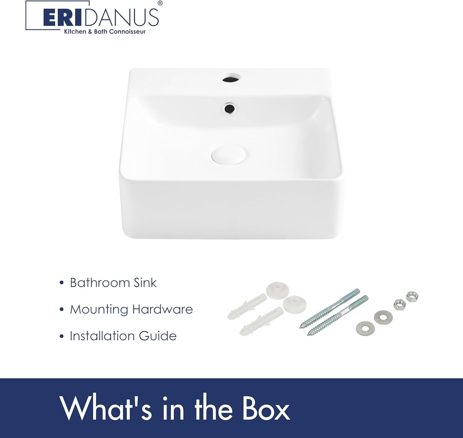 16" x 16" Bathroom Sink Vessel Rectangular, Eridanus Wall Mount Sinks Countertop Floating Basin with Overflow, White Ceramic Trough Wall Hung Space Saving Square Small Cloakroom Tiny Lavatory