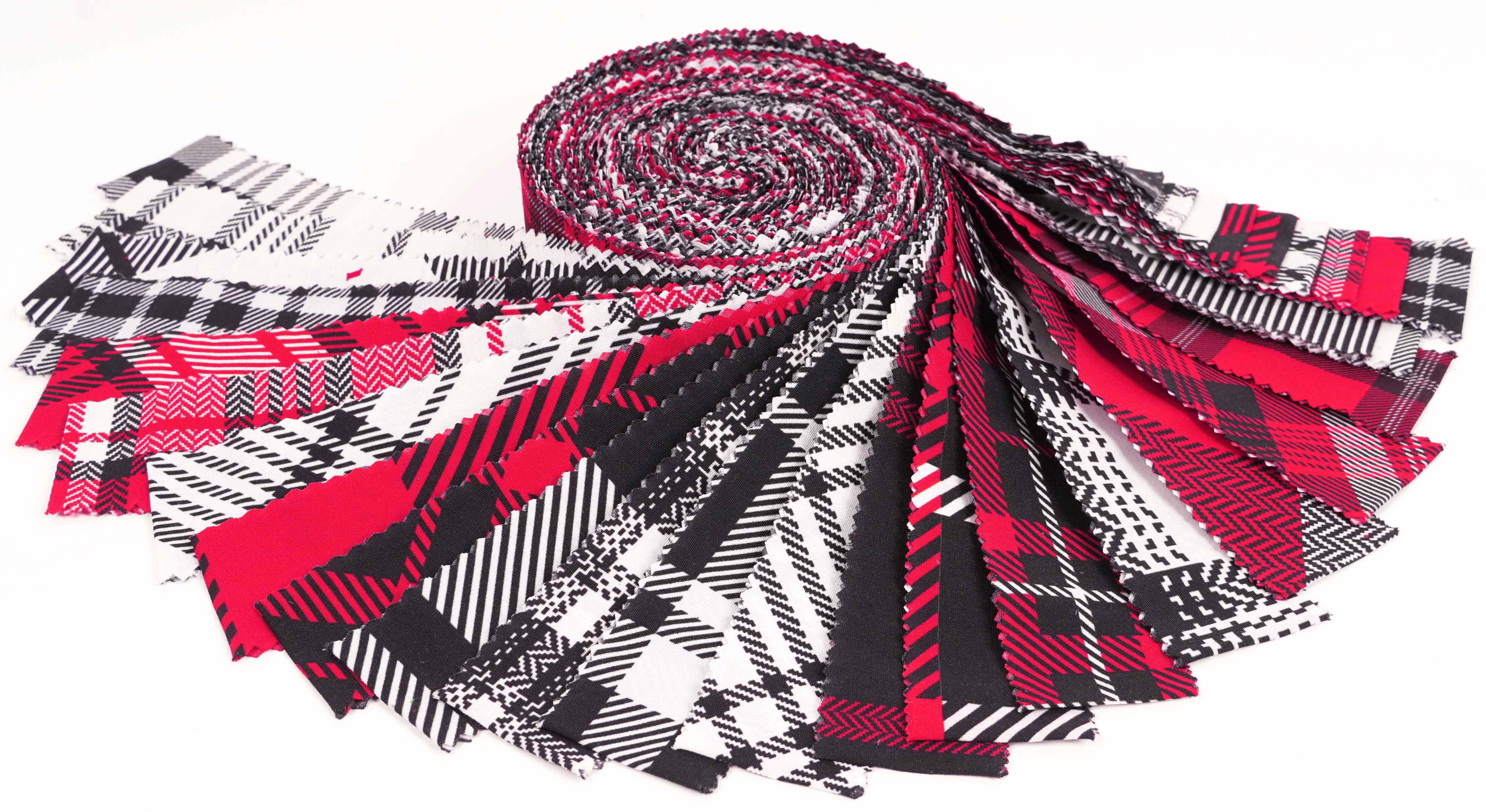 Soimoi 40Pcs Check & Tartan Print Precut Fabrics Strips Roll Up 1.5x42inches Cotton Jelly Rolls For Quilting - Magenta & Black