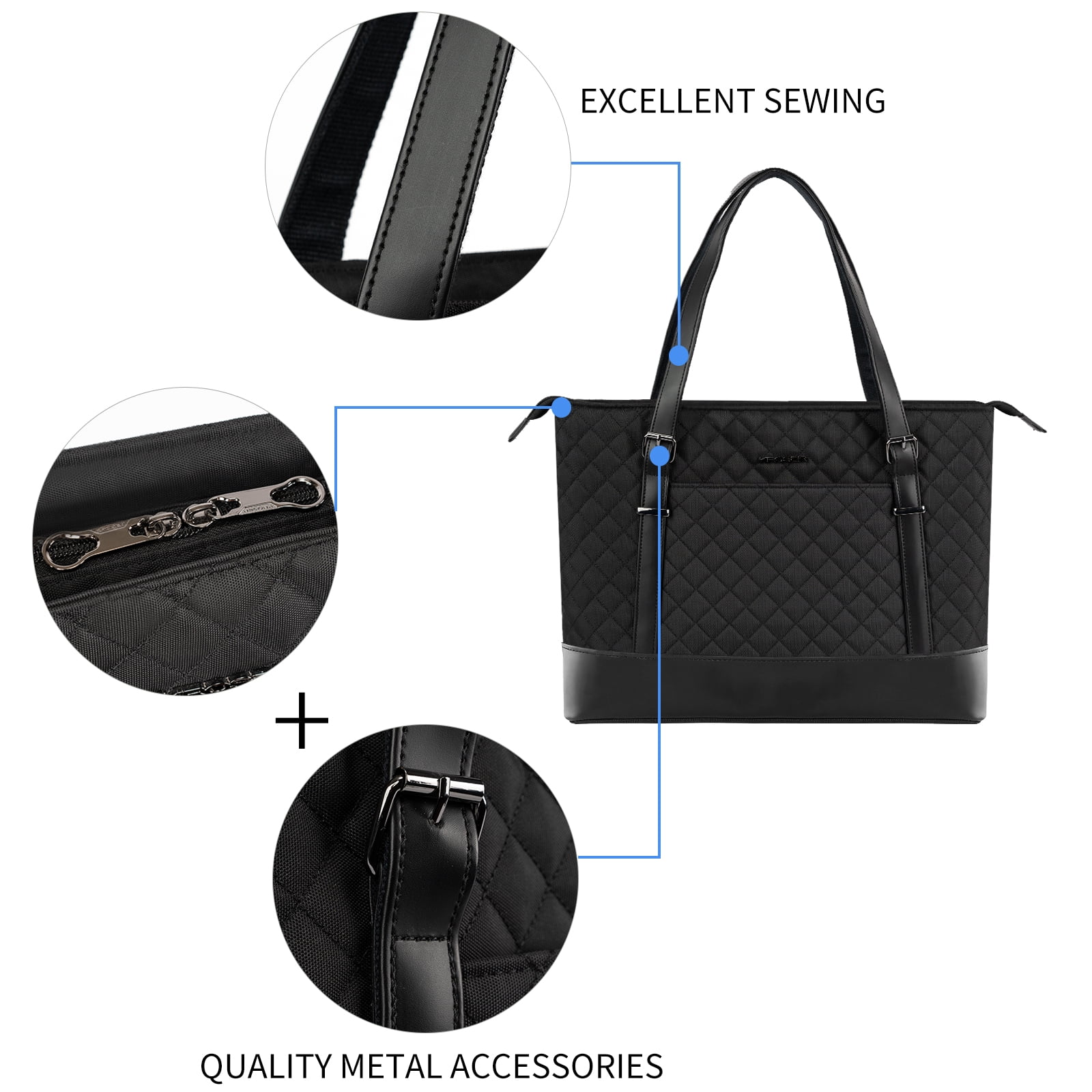 KROSER 15.6" Quilt Laptop Tote Bag, Computer Shoulder Bag, Black