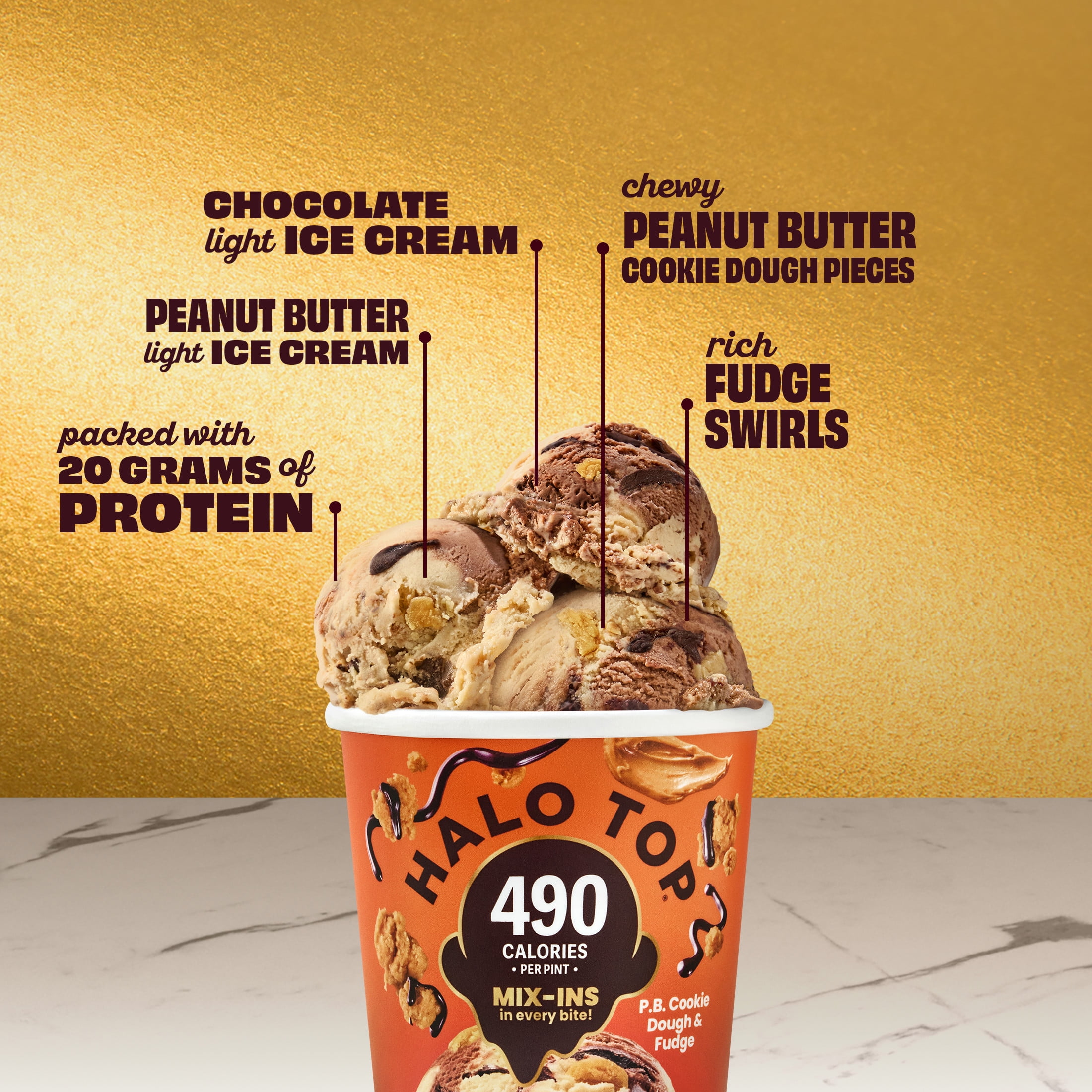 Halo Top Peanut Butter Cookie Dough and Fudge Light Ice Cream, Lower Calorie Frozen Dessert Pint, 16 fl oz