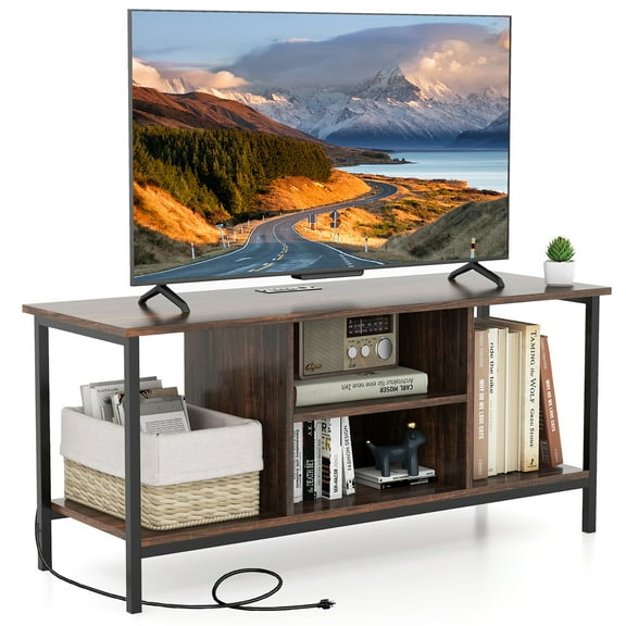 Gymax TV Console Table w/ Power Outlets 50" Industrial TV Stand w/ Open Shelves & Compartments
