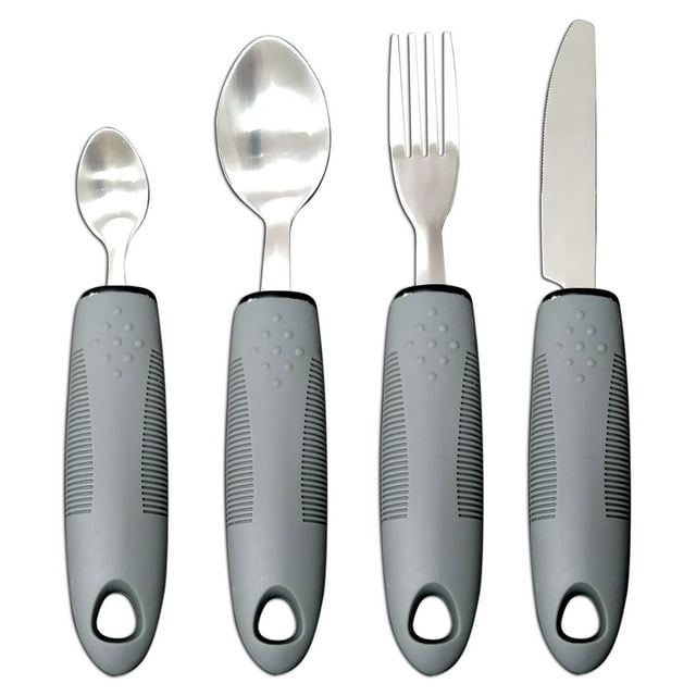 Adaptive Rehabilitation Dining Set for Elderly & Disabled: 4-Piece Stainless Steel Utensils with TPR Anti-Vibration Handle, Self-Adjusting Grip, Mirror Polish - Includes Steak Knife, Fork, Spoon &