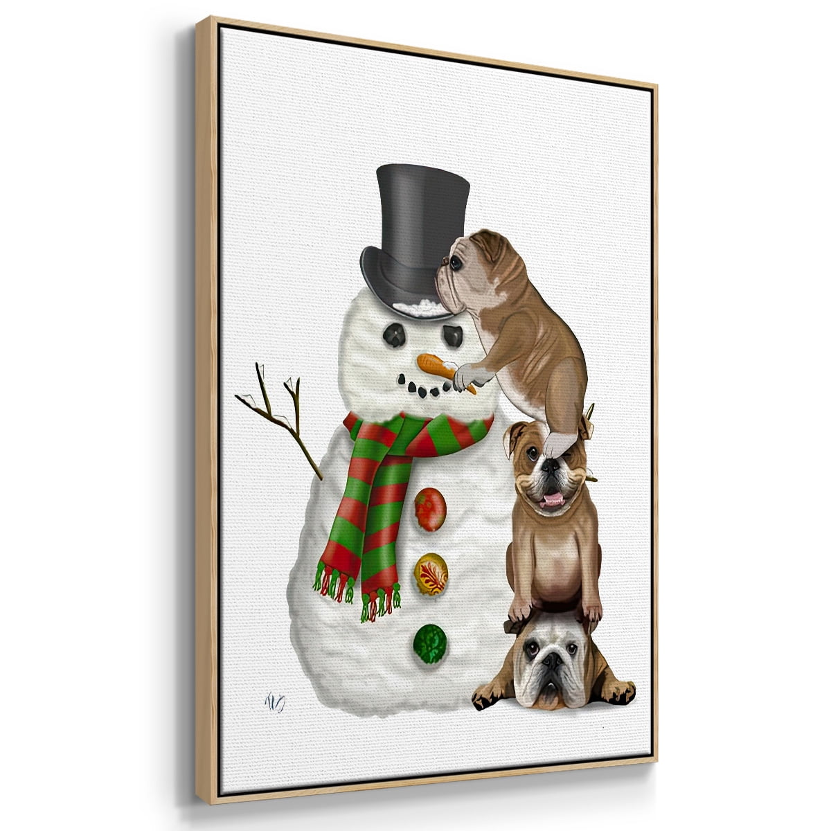 Christmas English Bulldogs Building Snowman - Framed Gallery Wrapped Holiday Canvas - 17 x 25 - Natural Wood Frame