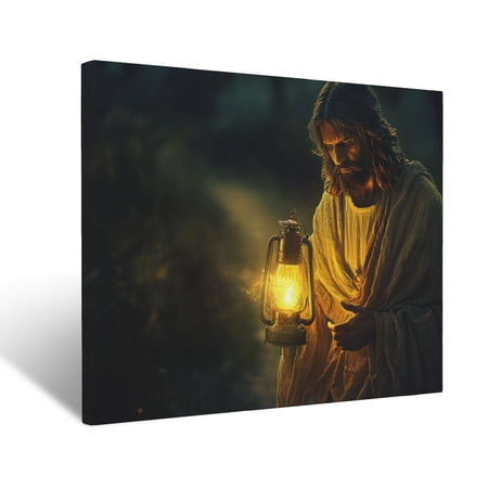 CozyNet Jesus Holding A Glowing Lantern Illuminating Dark Paths, Symbolizing Light, Hope & Divine Gui Wall Art Prints With Frame Canvas Perfect for Living Room & Bedroom, Wall Decor 12"x16"