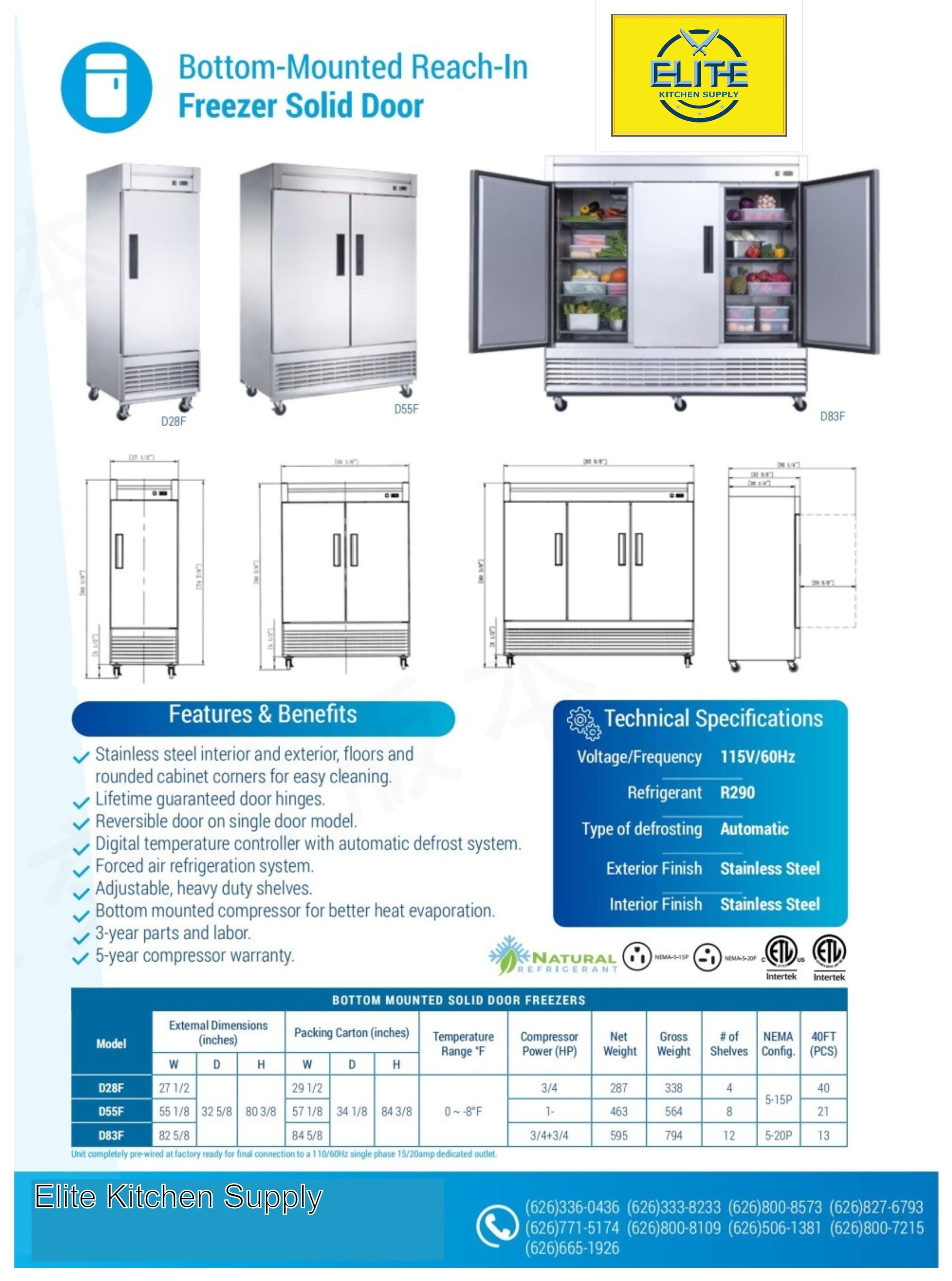 83 in. Three Door Upright Reach-in Commercial Freezer in Stainless Steel 65 Cu. Ft. NSF 83''W x 33''D x 80''H