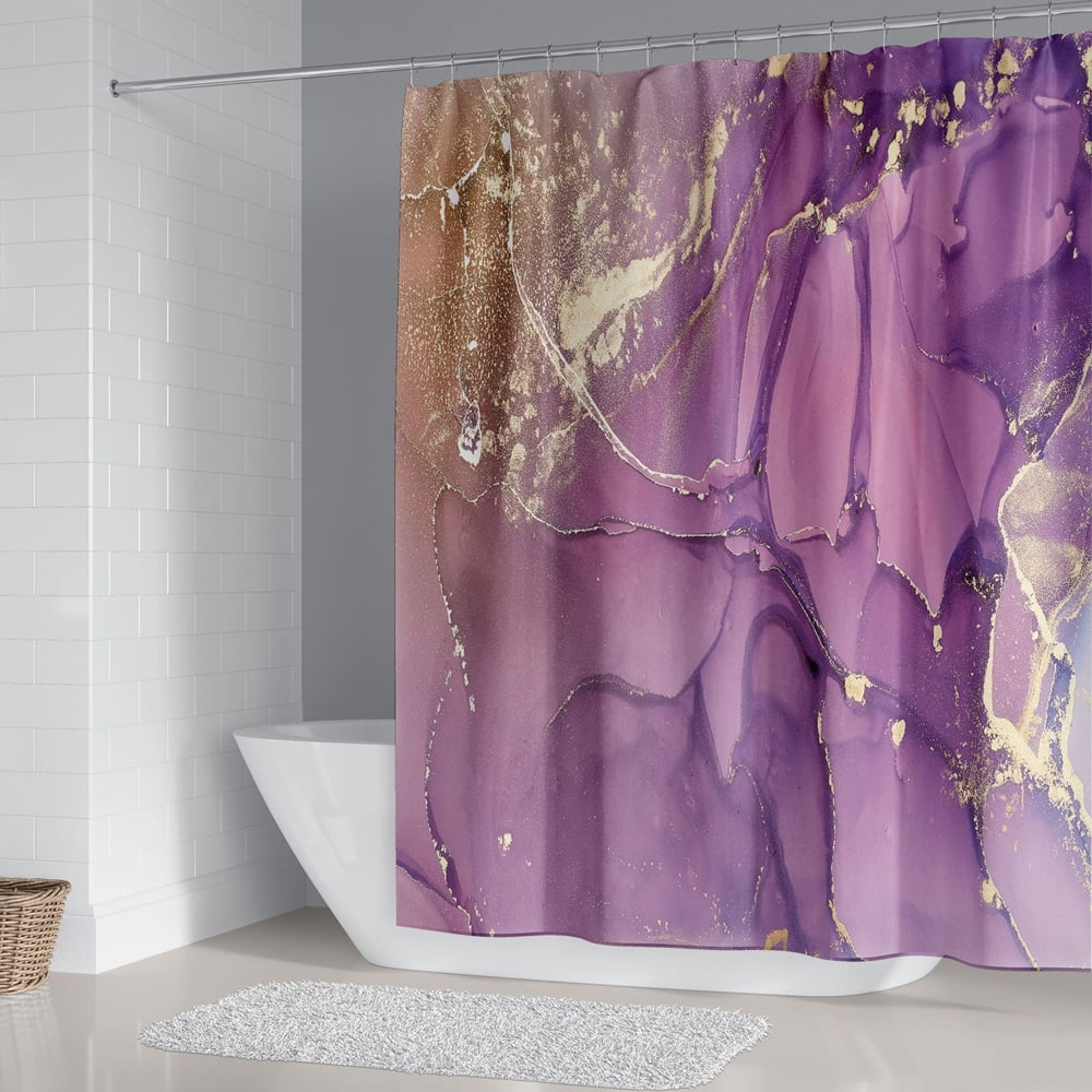 4 Pcs Bathroom Shower Curtain Set Purple Marble Pattern Bathroom Sets with Rugs (Bath Mat,U Shape and Toilet Lid Cover Mat) and 12 Hooks Machine Washable