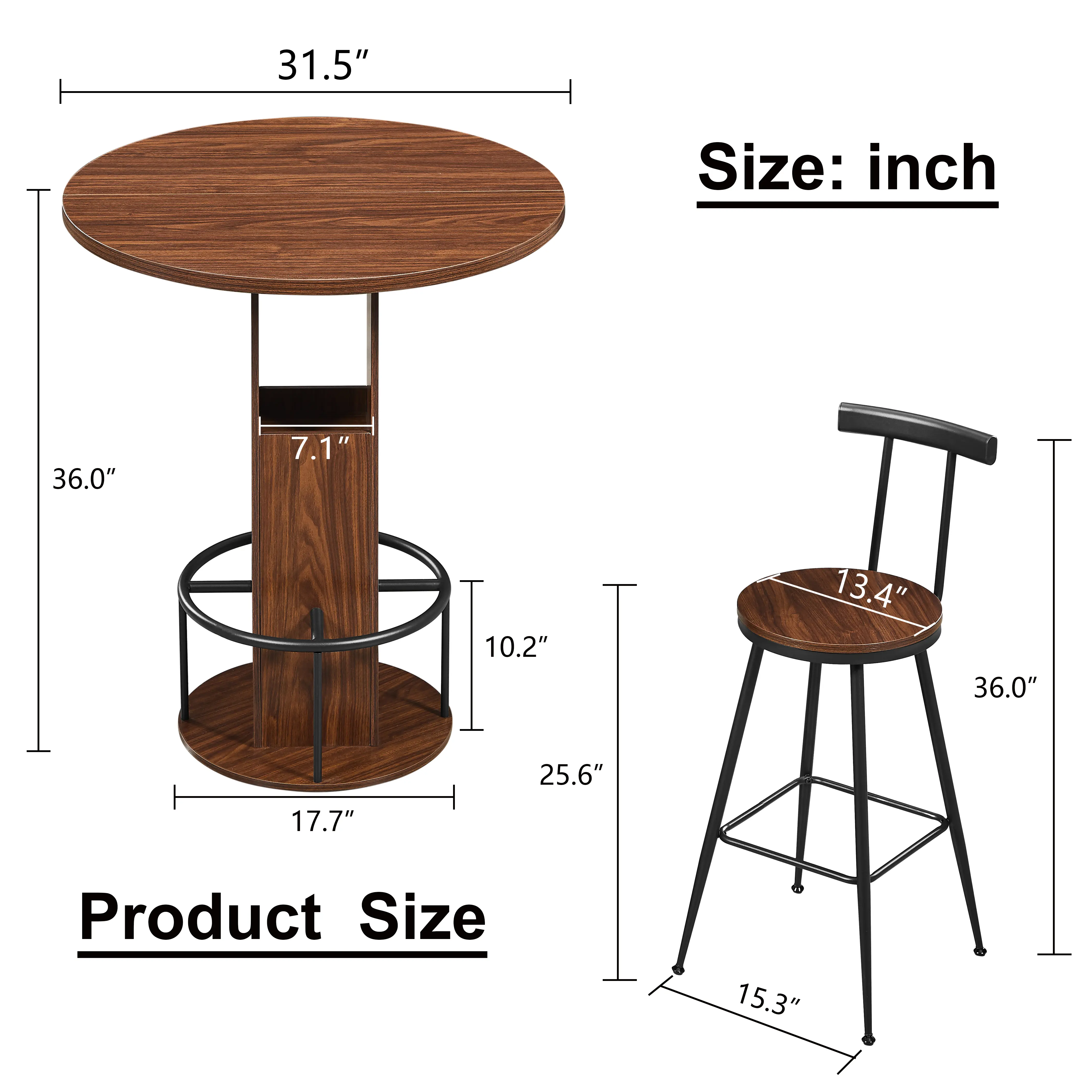 Aukfa Round Dining Table Set for 2, Dining Table with 2 Bar Stools, Storage Base & Footrest,Space-Saving Kitchen & Dining Table Set,Brown