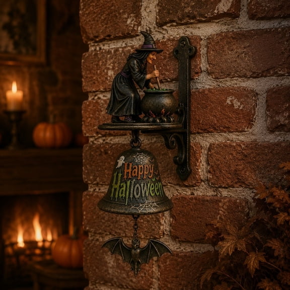 Vintage Witch Doorbell Decorative Witch Bell,Halloween Door Bell with Bat Charm,Bronze 9.8''