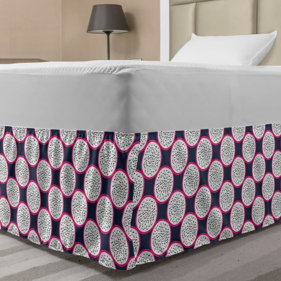 Dragon Bed Skirt, Repetitive Pattern of Slices of Fruits Exotic Hawaiian Plants, Elastic Bedskirt Dust Ruffle Wrap Around for Bedding Decor, 4 Sizes, Pink Slate Blue, by Ambesonne