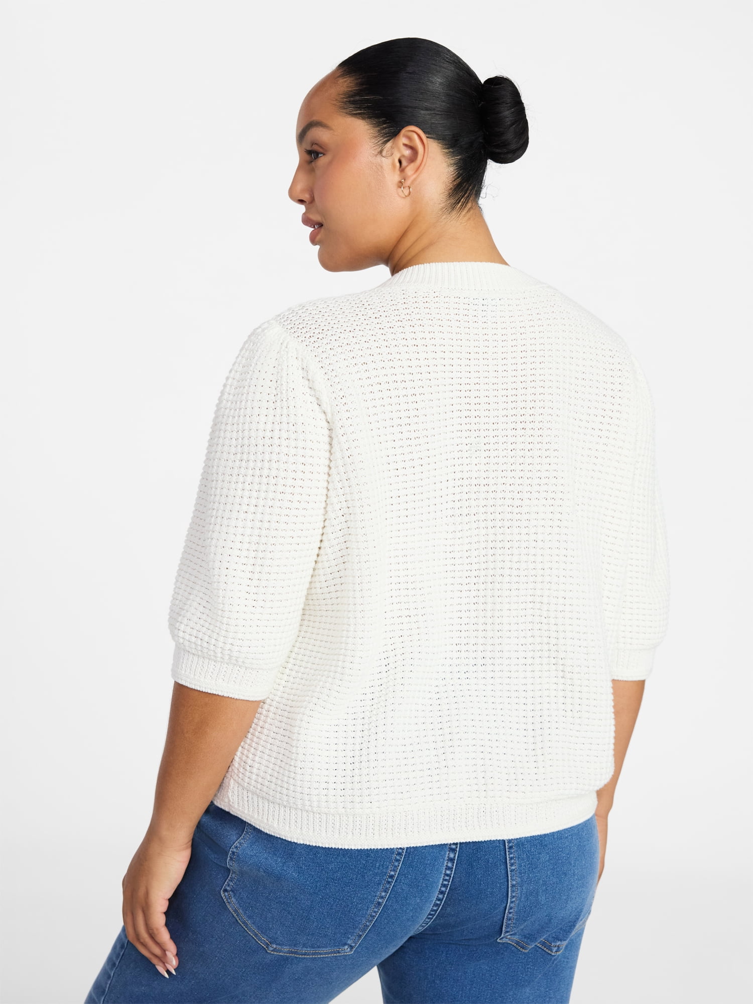 Terra & Sky Women's Plus Size Textured Crewneck Cardigan with Short Sleeves, Midweight, Size 0X-5X