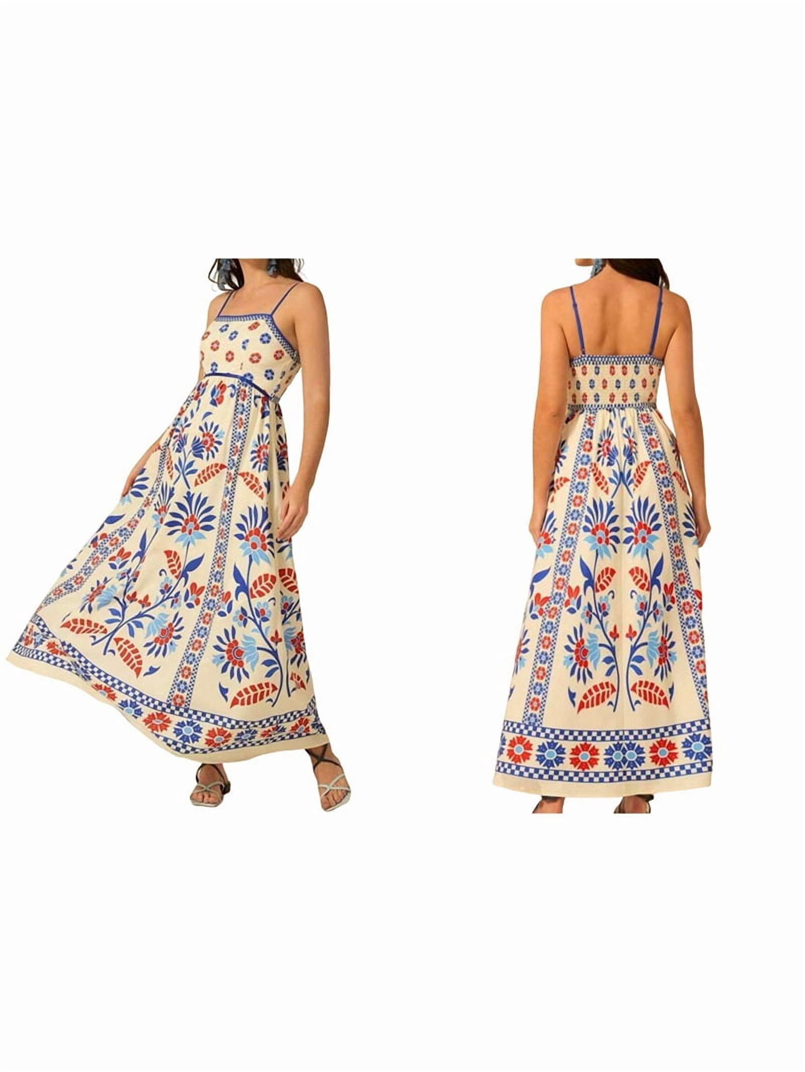 Womens 2025 Summer Floral Maxi Dress Sleeveless Spaghetti Strap Printed Smocked Boho Beach Long Dress Red & Blue XL
