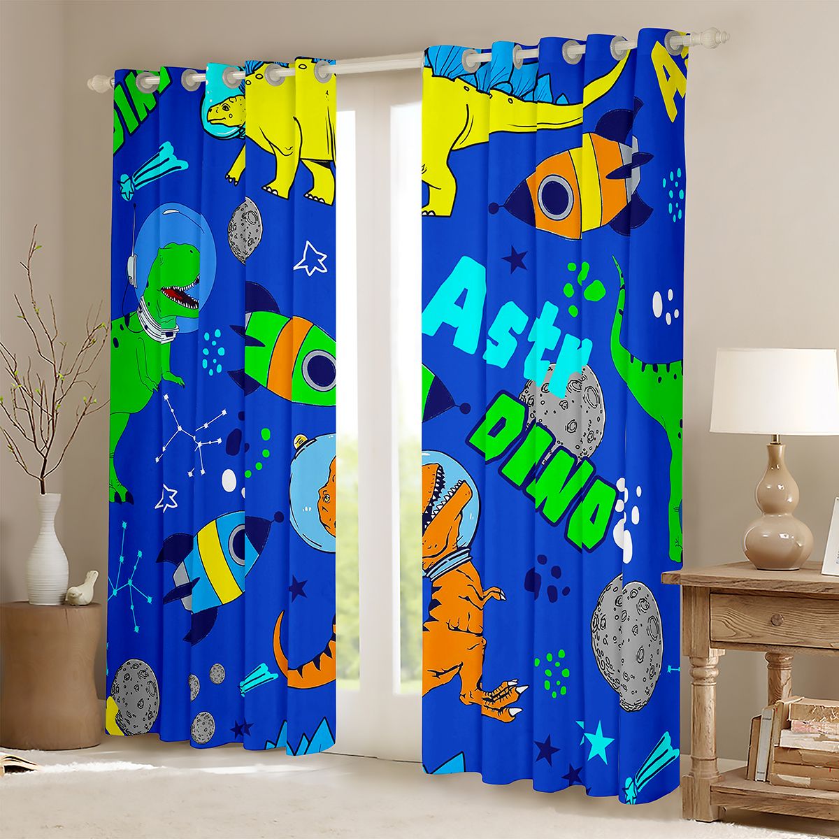 Manfei Cute Dino Dinosaur Black Out Curtains,Cartoon Rocket Planet Curtains Pack of 2 (42x63 Each),Blue Orange Gray Bedroom Curtains For Boys Teens,Super Cozy Room Decor