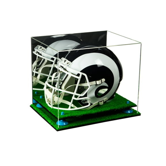 Deluxe Acrylic Football Helmet Display Case with Blue Risers, Mirror and Turf Base (A002-BLR)