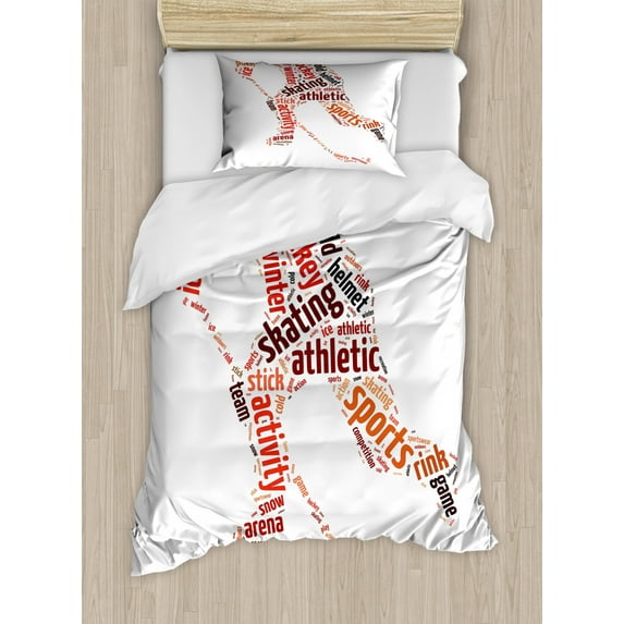 Ice Hockey Duvet Cover Set Twin Size, An Assortment of Sports Terms on a Silhouette of a Professional Skater Motif, Decorative 2 Piece Bedding Set with 1 Pillow Sham, Multicolor, by Ambesonne