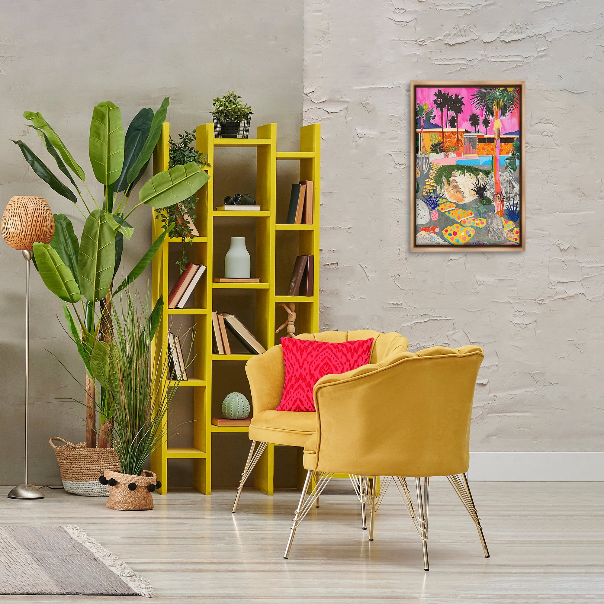 Stupell Industries Modern Tropical Villa Collage Abstract Painting Brown Floater Framed Canvas Art Print Wall Art, 17 x 25