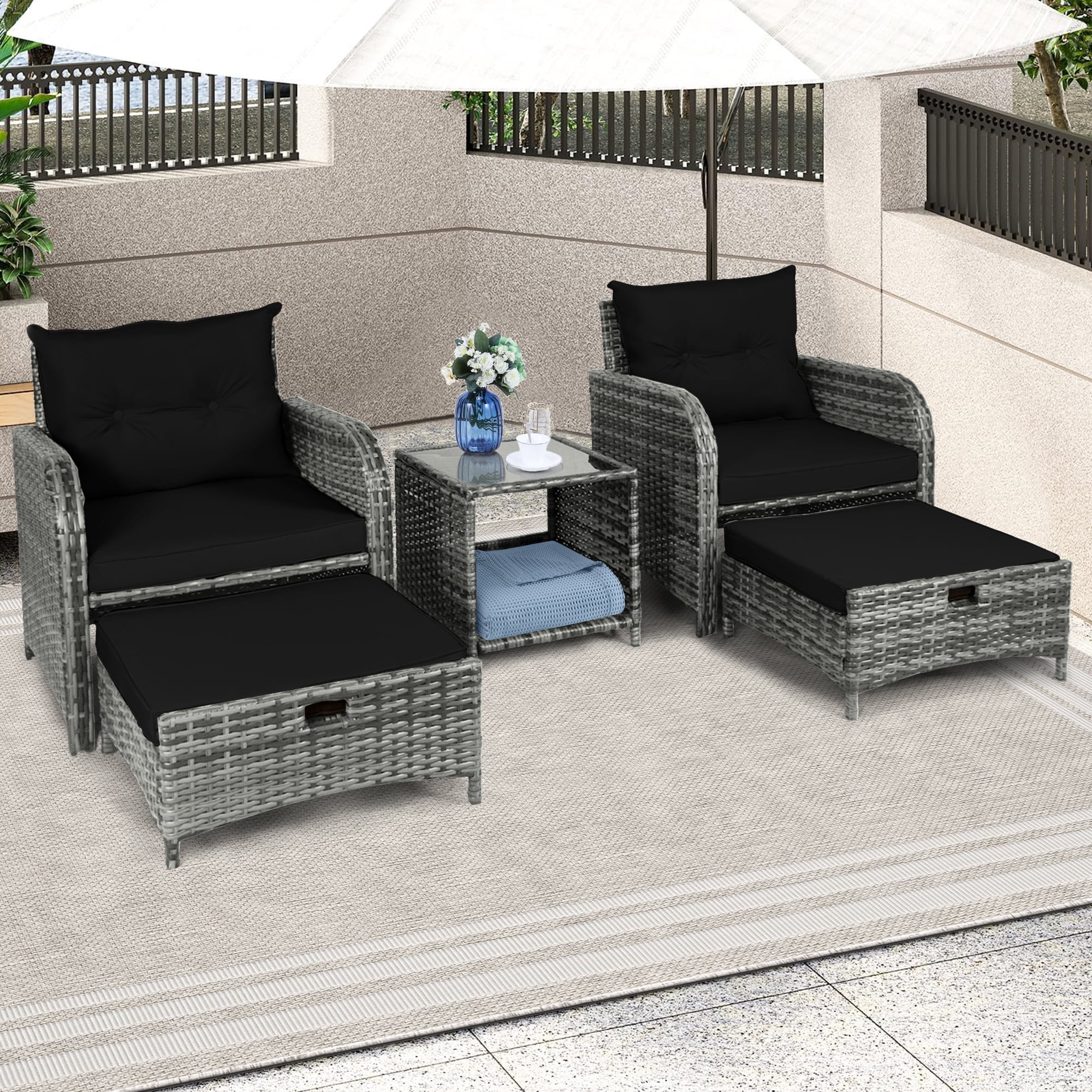 5 Piece Rattan Outdoor Patio Furniture Set, 5 Pieces Wicker Outdoor Patio Chairs Set with Ottoman, Black