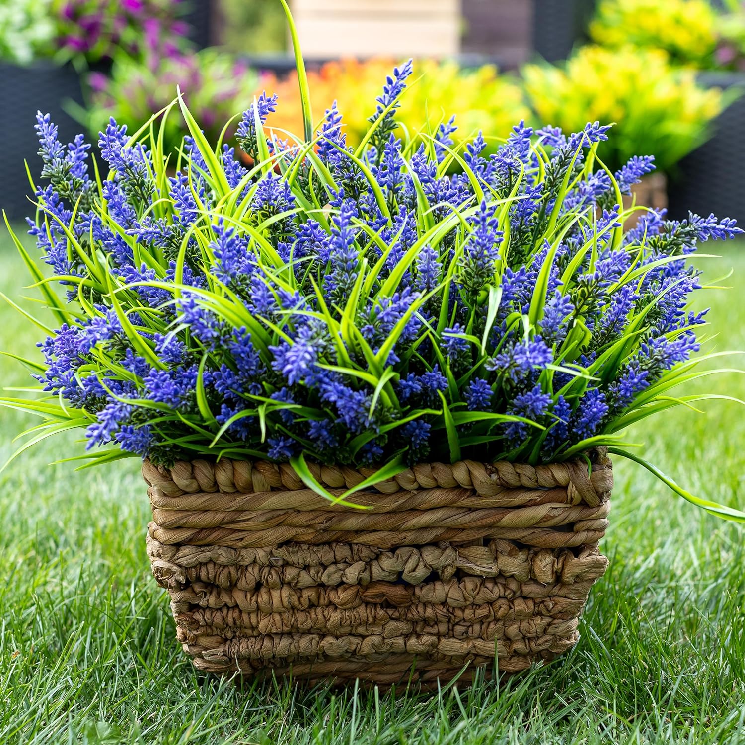 4PCS Artificial Flowers for Outdoors, Fake Lavender with Grass UV Resistant Plastic Faux Autumn Plants for Garden Thanksgiving Home Decor (Purple)