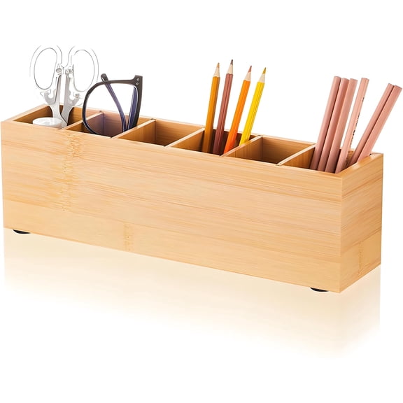 ASTOTSELL Bamboo Pencil Holder with 6 Adjustable Compartments,  Countertop Makeup Brush for Party, Home, Art Supplies