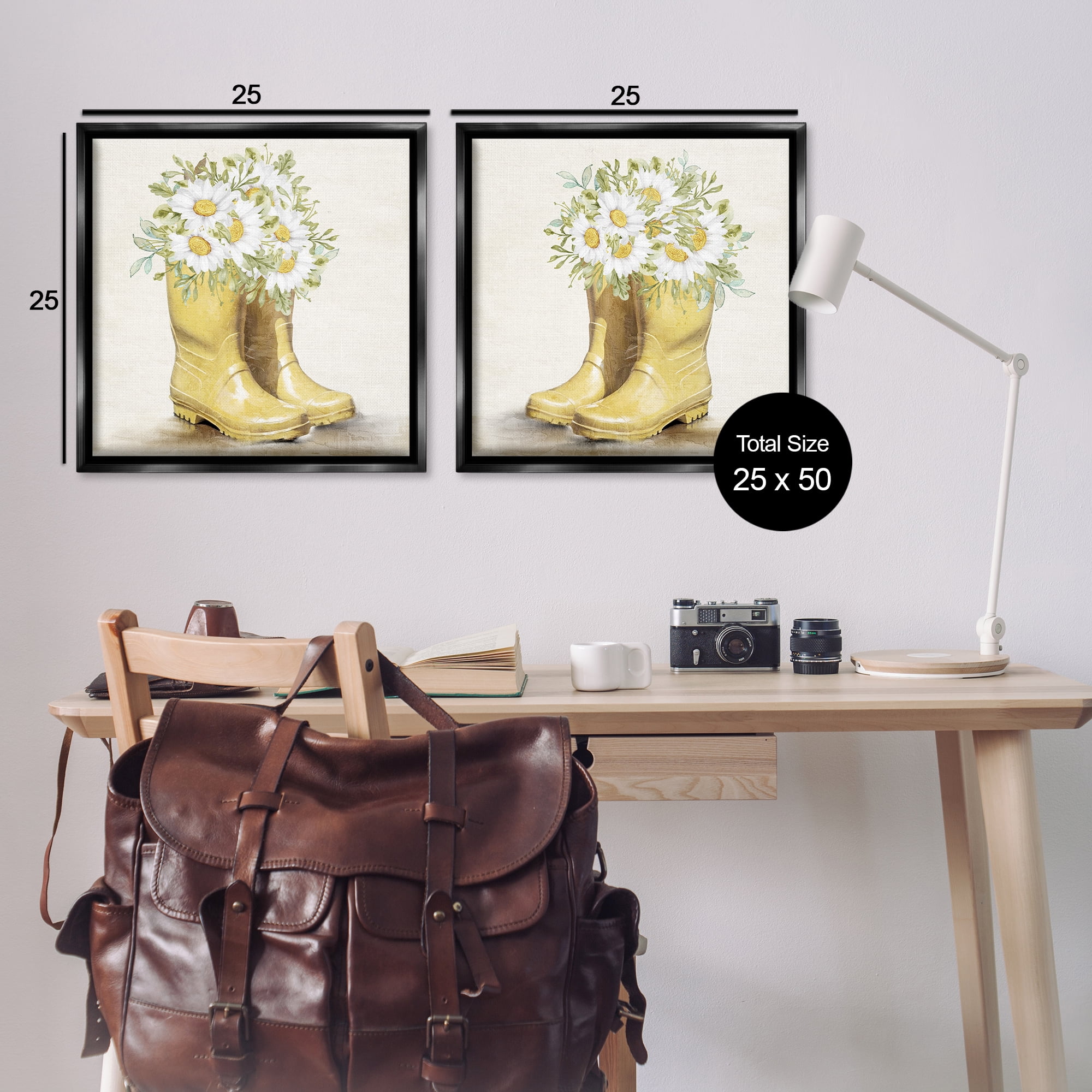 Stupell Industries Yellow Garden Boots Daisies Plants & Flowers Painting Black Floater Framed Canvas Art Print Wall Art, 25 x 25, Set of 2