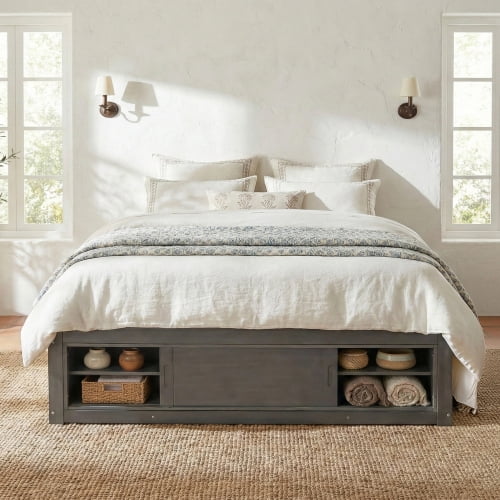 Queen Size Platform Bed Frame with 4 Storage Drawers and Footboard Storage Cubby, No Headboard Design Solid Wood Platform for Bedroom, Gray