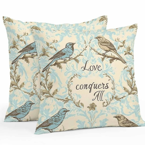 Vintage Bird Outdoor Pillow Covers Pack of 2 Love Floral Teal Blue Watercolor Waterproof Throw Pillow Covers Decorative Cushion Cases for Patio Garden Tent Balcony Couch 26x26 inch