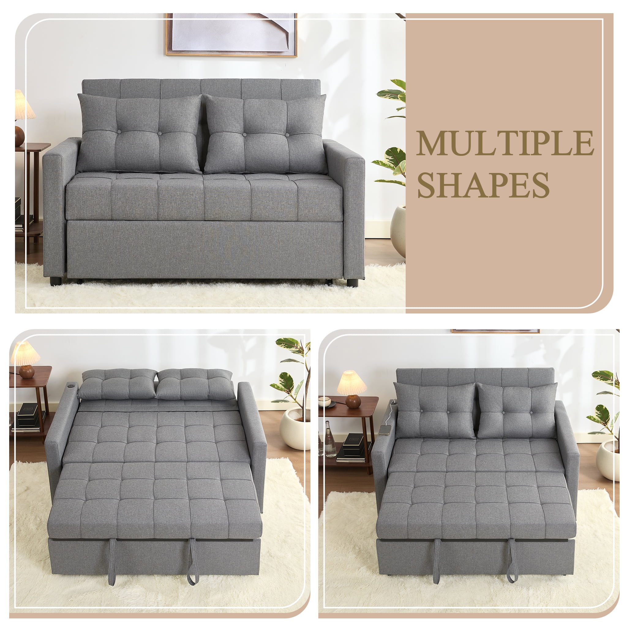 LAKPS 52" Linen 3-in-1 Convertible Sleeper Sofa with Pull-Out Bed, Stepless Adjustable Backrest & Side Pocket - for Family, Living Room, Dorm, Apartment, Linen, Light Grey