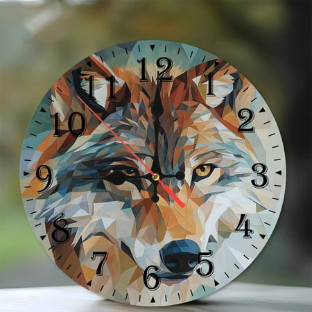10-Inch Silent Wooden Wall Clock, Geometric Wolf Clock Face Design Silent Non-Ticking Clock, Battery Operated (AA Batteries Not Included), Artistic Home Decor