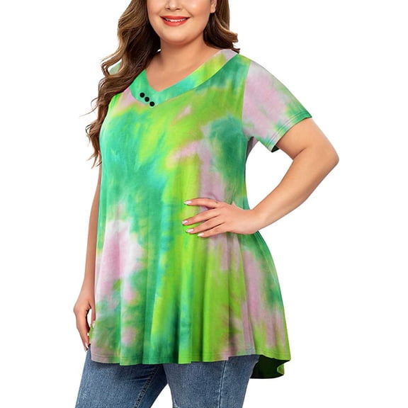 PATLOLLAV Womens Blouses,Ladies Plus Size Tops Tie-Dye Print Short Sleeve V-Neck Pleated Hem Shirts