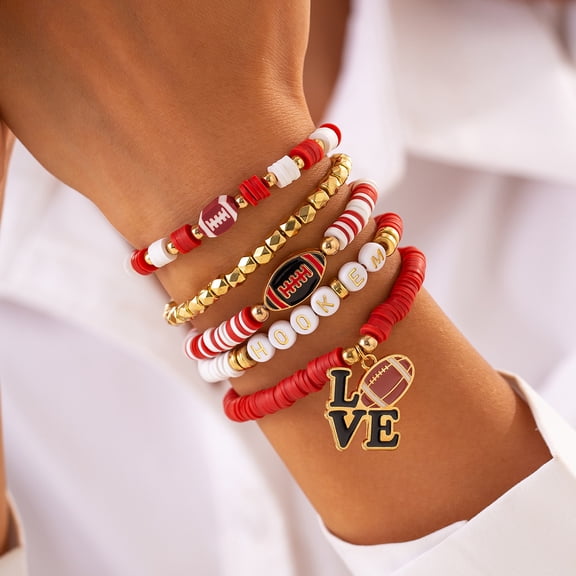 NICKSUN Football Charm Bracelet, Clay Beaded Stretch Bracelet Stack Set Rugby Stackable Wristbands Game Day Letter Star Sport Themed Accessories Jewelry Player Gift for Women Men