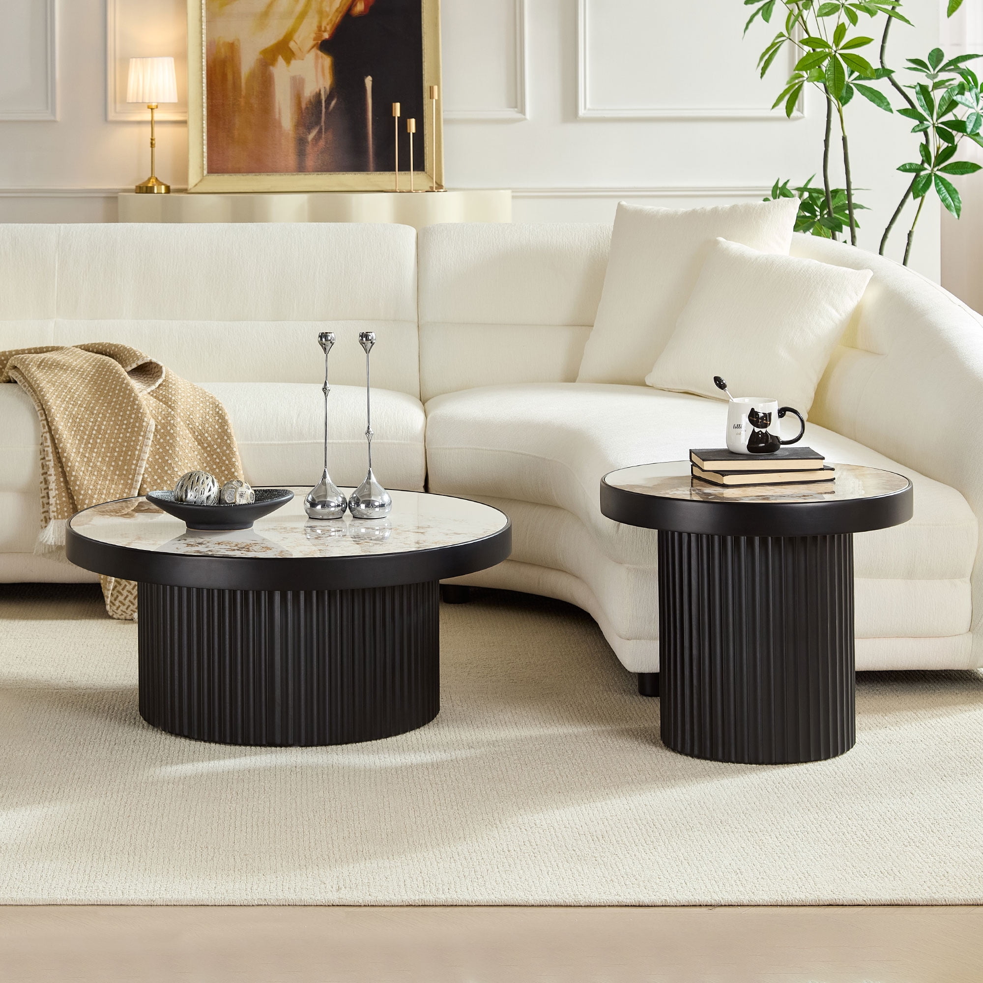 Kevinplus Round Coffee Table Set of 2 with Stone Tabletop for Living Room ,Apartment,Leisure Area, Black