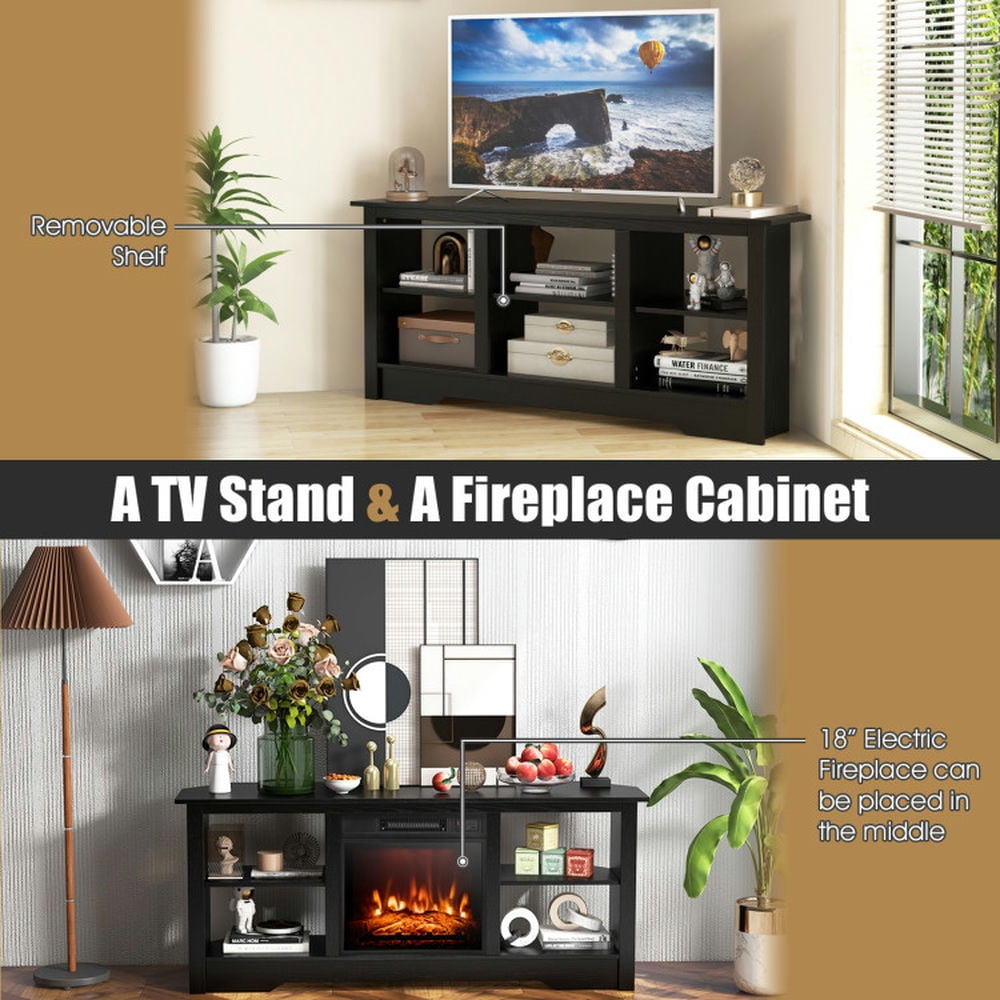Finihen TV Stand, Entertainment Center, 58 Inch TV Stand with 6 Open Storage Shelves for TVs up to 65 Inches, for Living Room, Black