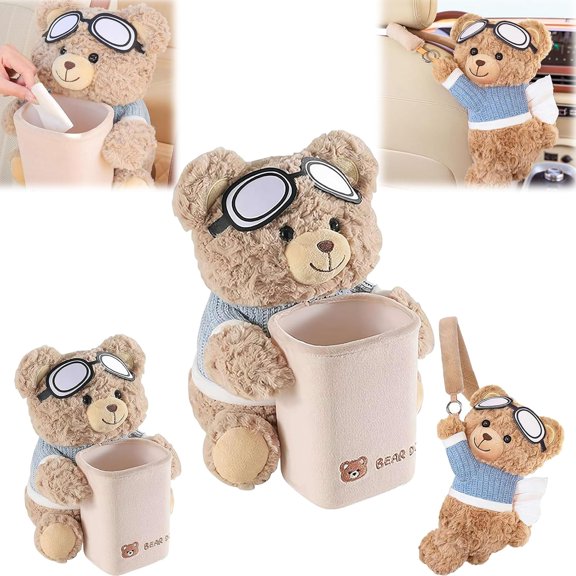 Cute Bear Tissue Holder and Trash Can, Creative Animal Car Tissue Holder, 2 in 1 Car Tissue Box and Trash Can, Multifunctional Animal Paper Box for Car and Home, Soft Plush Car Tissue Box