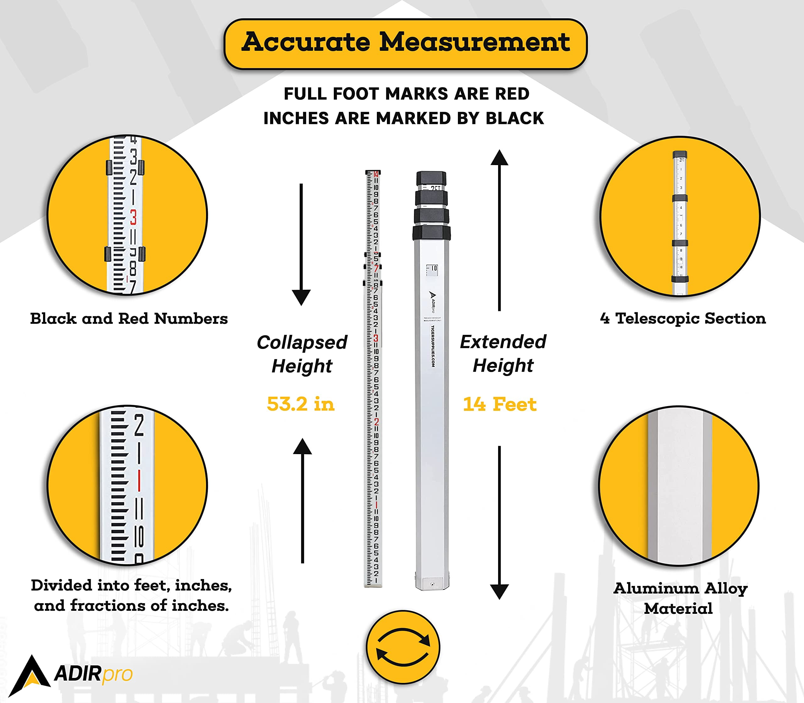 AdirPro 14-Foot Aluminum Grade Rod – 8ths, Dual Sided 5-Section Telescopic Leveling Rod – Bubble Level and Soft Carrying Case Included