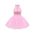 thumbnail image 2 of Miutii Big Girls Sleeveless Mock Neck Shiny Sequins Mesh Splice Ballet Dance Gymnastic Leotard Tutu Dress Pink 4-5, 2 of 7