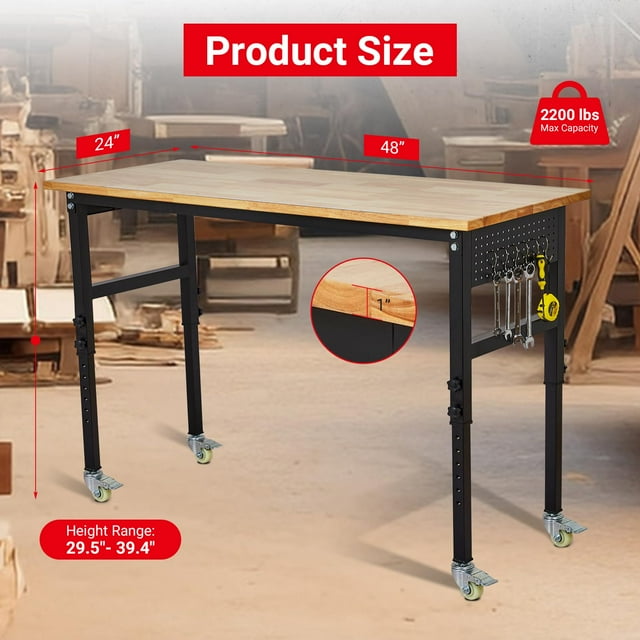 EDTara Établi Réglable de 48 Pouces, Table de Travail en Bois de Caoutchouc Robuste Capacité de 2000 Lb avec Roues et Panneau Perforé, Hauteur Réglable de 29 Pouces-40 Pouces pour Garage, Atelier, Bureau, Maison, Usage Commercial