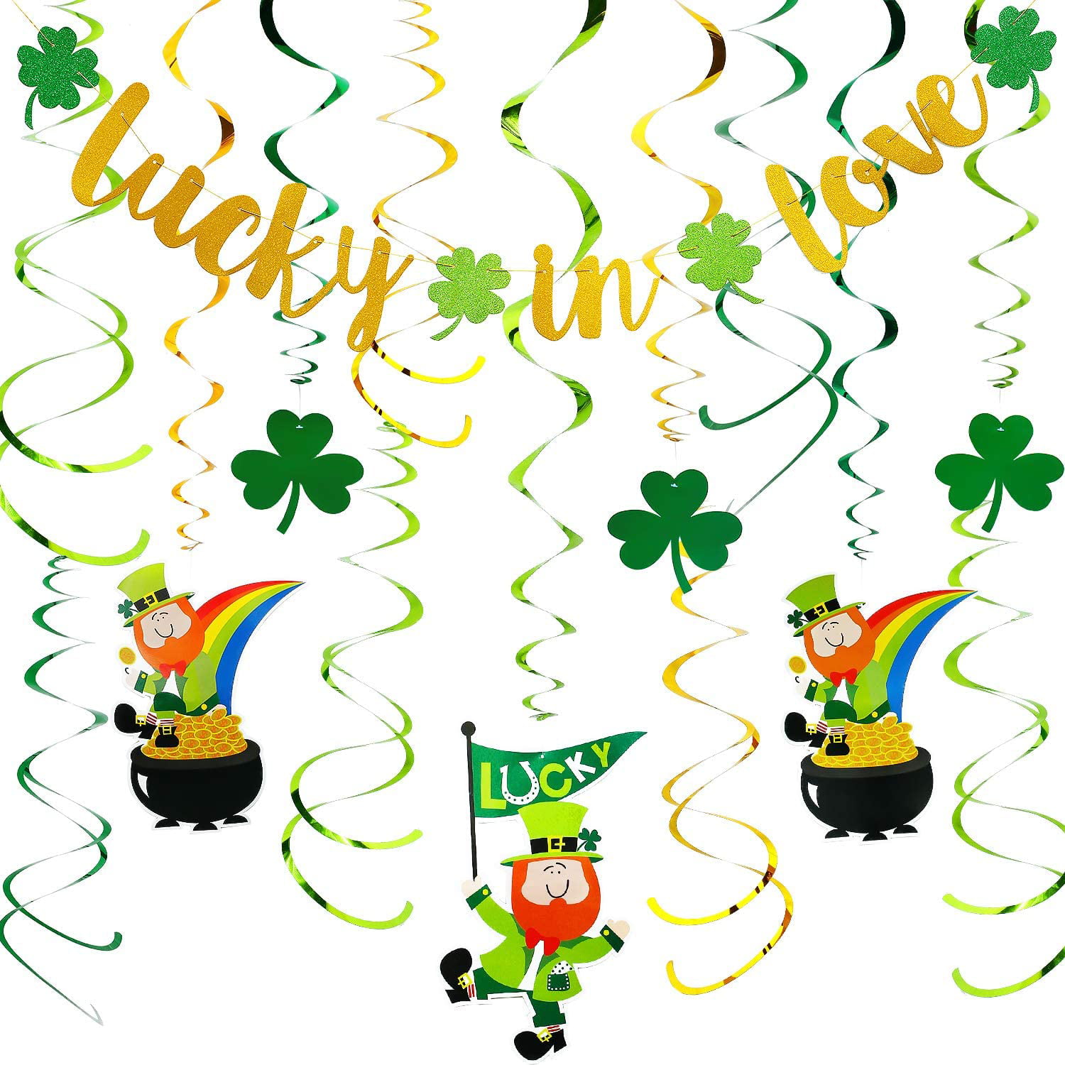 12 x St Patricks Day Shamrocks Leprechaun Party hanging SWIRL Decoration Display