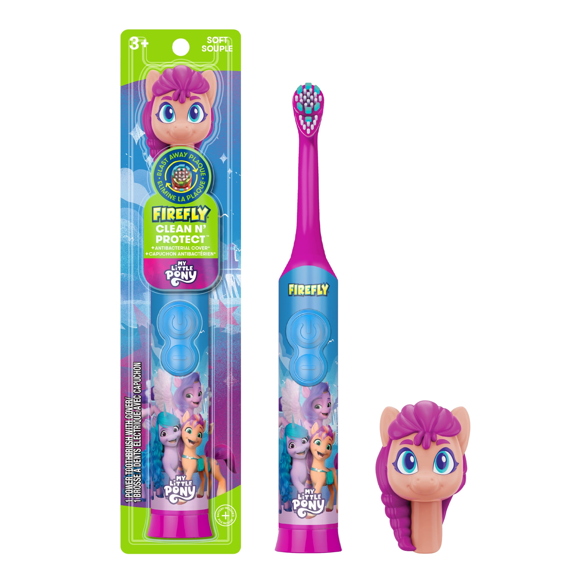 Firefly Clean N' Protect My Little Pony Power Toothbrush with Antibacterial Character Cover, Soft Bristles, Battery Included, Ages 3+
