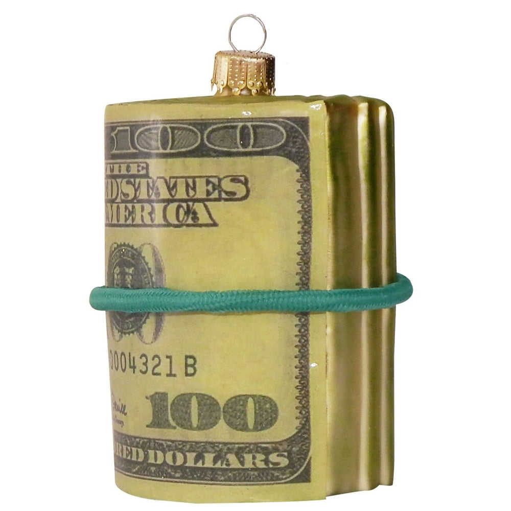 Money Roll Wad of Hundred Dollar Bills Christmas Holiday Ornament Glass