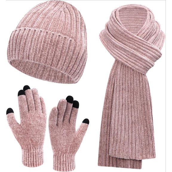 Womens Winter Knit Warm Hat Beanie Long Scarf Touch Screen Gloves Set Skull Caps Neck Scarves for Women