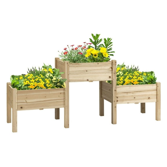 Wooden Garden Box Set - 3pc Elevated Plant Stand, Tiered Outdoor Planter with Drainage, Natural Fir Wood