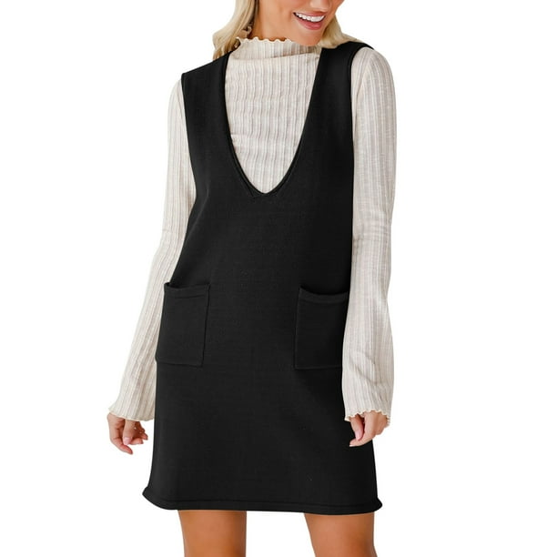 Vestido tipo chaleco de mujer: cuello en V, sin mangas, jersey de punto, bolsillos, elástico, adecuado para otoño/invierno, varias tallas.