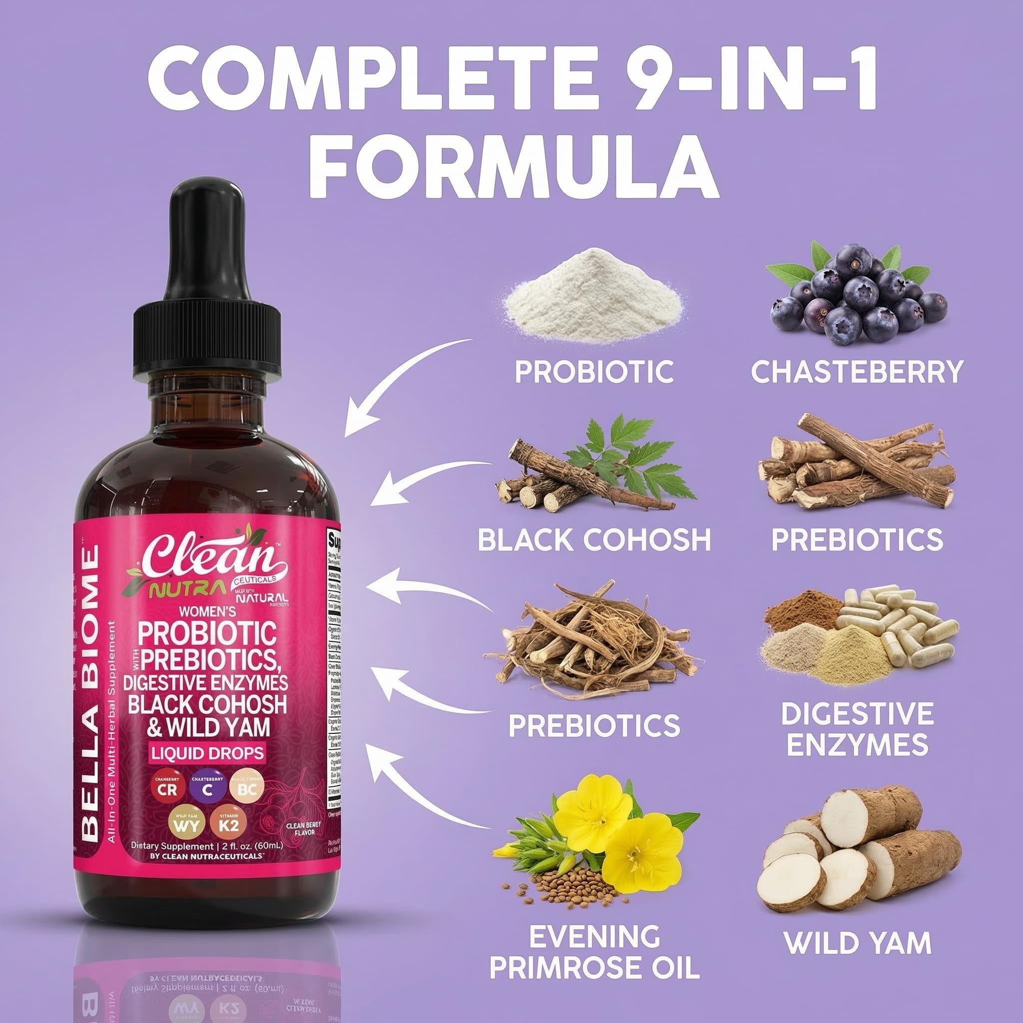Liquid Probiotics for Women Drops with Chasteberry, Black Cohosh, Prebiotics, Digestive Enzymes, Evening Primrose Oil, Wild Yam, Cranberry Dmannose and Iron Vitamin D3 K2 Clean Nutra Bella Biotics