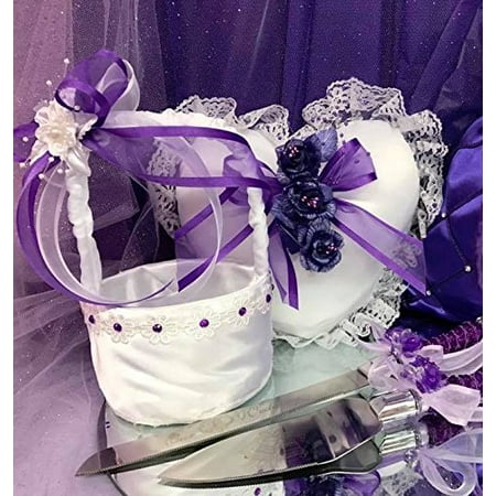 Flower Basket Cake - Ring Bearer Pillow and Flower Girl Basket with Cake Knife Set Purple Wedding Set