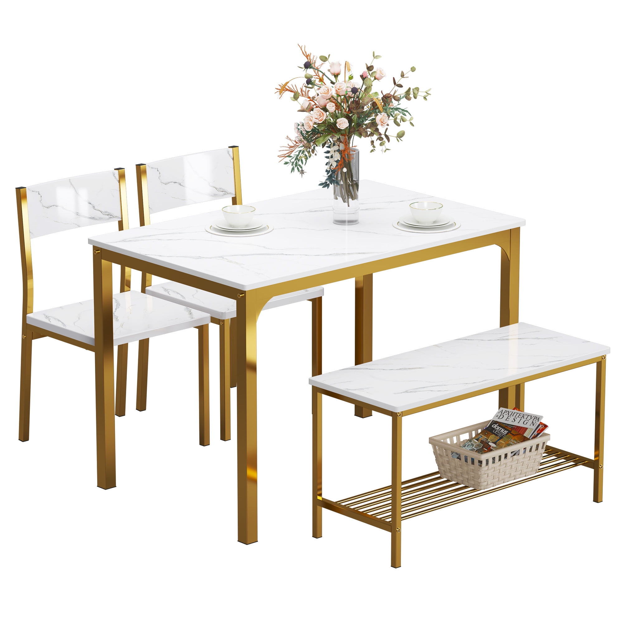 SogesPower 4 Pieces Contemporary Wood, Iron Dining Table Set Gold/White
