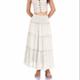 thumbnail image 4 of Vibrex Women's Skirt Women's Solid Color Cotton Linen Skirt with Pockets Women's High Waist Elastic 3-Layer Skirt Women's Ruffled Pleated Long Skirt For Dancing,Travel,Vacation_White_L, 4 of 6