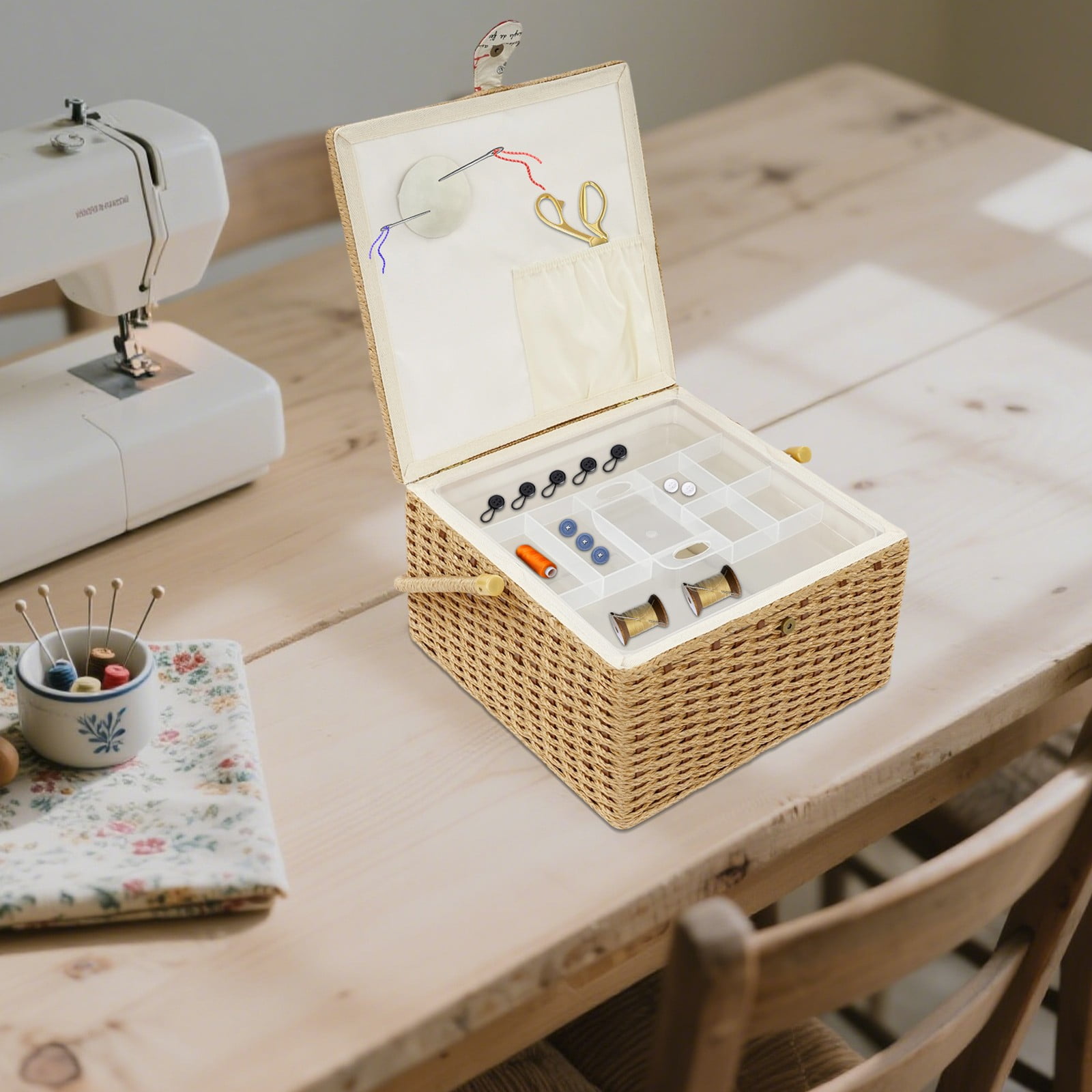 Large Capacity Sewing Basket, 12.4 X 12.4 X 7.48in Portable Sewing Kit Storage Box for Scissors, Needles, Buttons