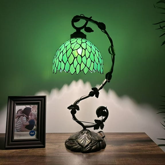 Tiffany Table Lamp Green Stained Glass Green Leaves Iron Metal Leaves Bronze Base Included LED Bulb for Living Room Dining Room Bedroom Bedside 21"H*11"W