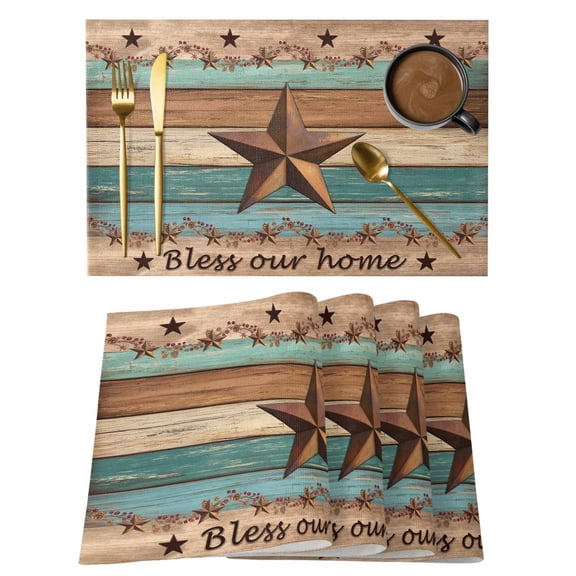 Western Texas Star Retro Placemats Set of 12, Country Farmhouse Teal Brown Wood Grain Placemats for Dining Table, Place Mats for Kitchen Tabletop, Waterproof Wipeable Dining Table Mats Set