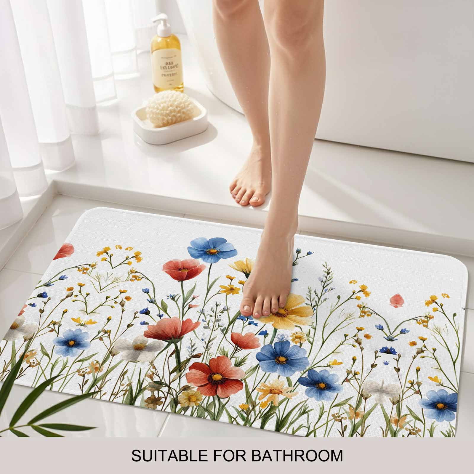 Red Blue Yellow Spring Floral Doormat Outdoor Entrance 18"x30", Blooming Summer Botanical Absorb Moisture Dirt Door Mats, Non-Slip Rubber Backing Floor Mats Indoor, Low-Profile Front Door Rugs